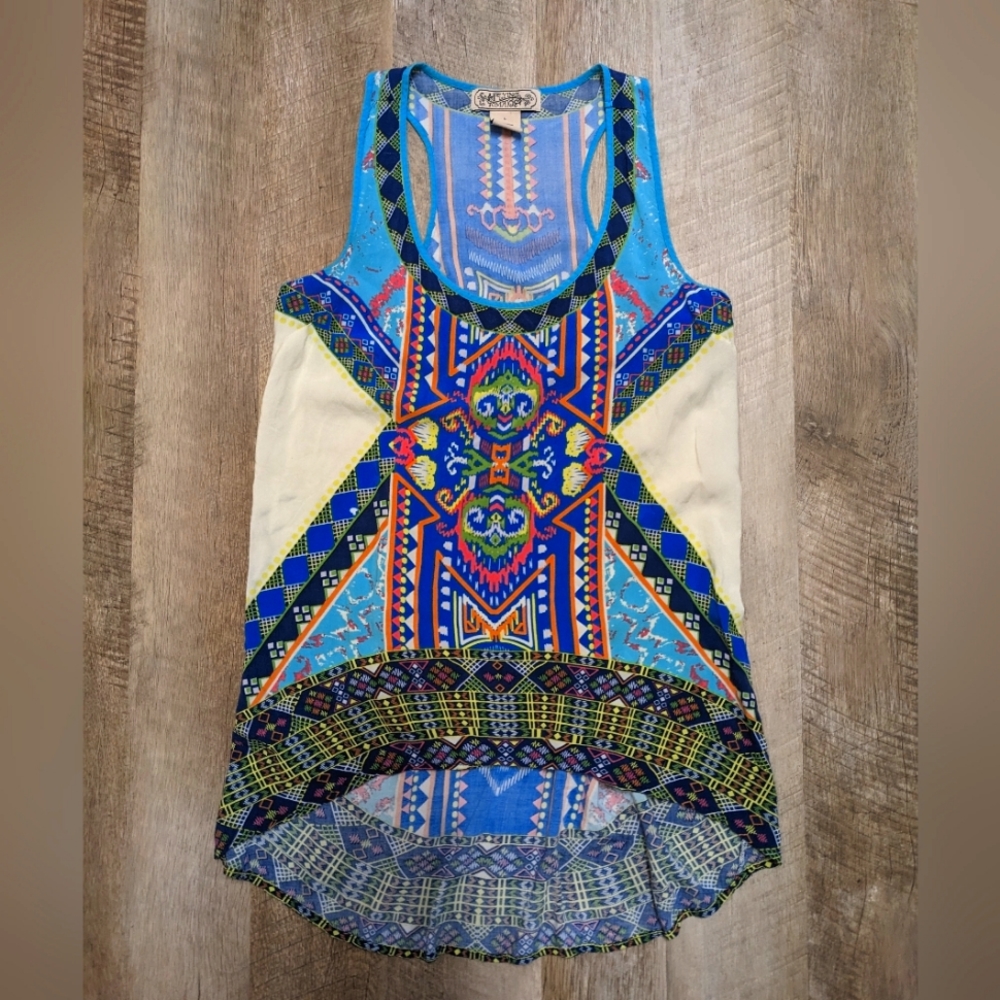 Flying Tomato Sleeveless Top Hi-Lo Hem Abstract Multi Color Boho Size Medium